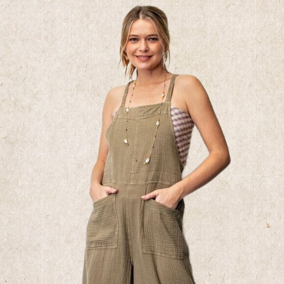 EASEL "Here I Am" Mineral Washed Wide Leg Jumpsuit Adjustable Tie Straps Pockets - Picture 3 of 16